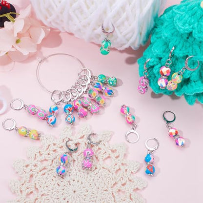 1 Box 20Pcs Stitch Markers Crochet Stitch Marker Cute Round Polymer Clay Beads Charms Clip On Removable Leverbacks Zipper Pull Charm Locking Knitting Markers for Yarns DIY Sewing Quilting (20 Count)