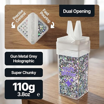 Craft Glitter Shaker Gun Metal Grey Holographic 110g Super Chunky (3.9 Ounce)