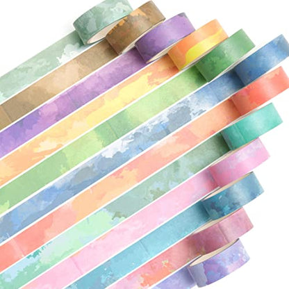 Watercolors Washi Tape Set 12 Rolls Pastel Colors Masking Macaron Graphic Decorative Tapes for Arts (196.8 Foot)