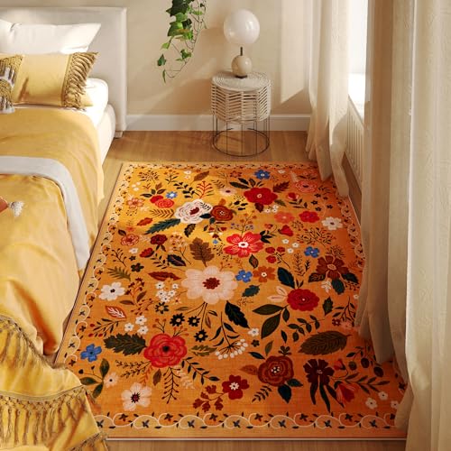 Area Rug 4x6 Rug Washable Boho Rugs Non Slip Low Pile Floral Small Carpet for Bedroom