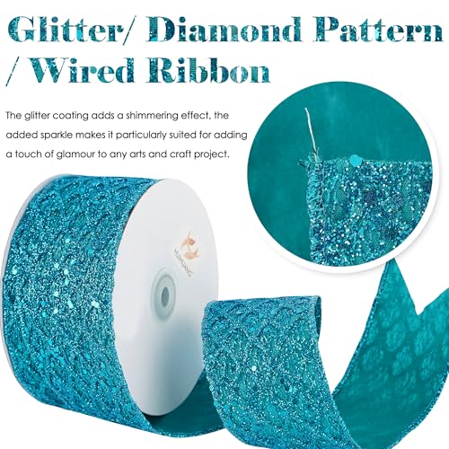 Turquoise Glitter Wired Christmas Ribbon 2.5 inch x 10 Yards (30 Foot)