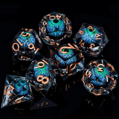 DND Dragons Eye Dice Liquid Core Blue Green Resin Sharp Edged Dice Set with Gift Box