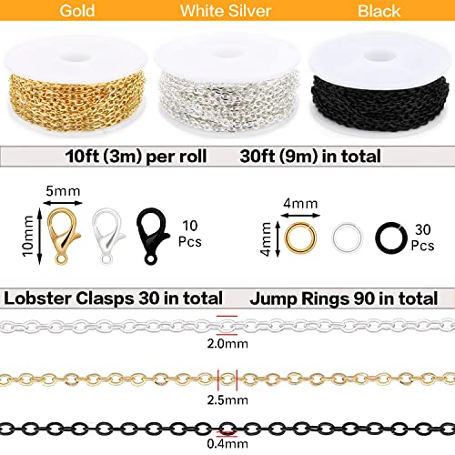 30ft Jewelry Making Chains Bulk 2mm Necklace Chains for Jewelry Making Supplies (3 Count)