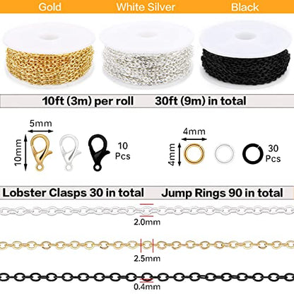 30ft Jewelry Making Chains Bulk 2mm Necklace Chains for Jewelry Making Supplies (3 Count)