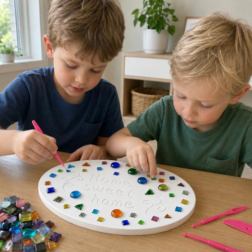 14 Pcs Oval Stepping Stone Mold Kit with Mosaic Tiles and Tools for DIY