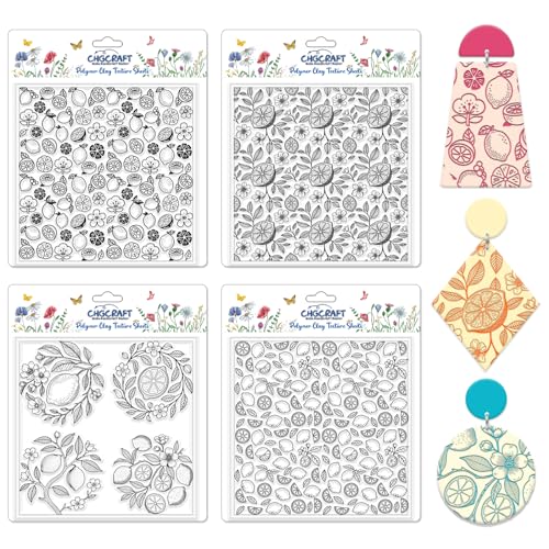4 Sheets 4 Styles Vintage Lemons Polymer Clay Texture Sheets Lemon Slices Silicone Texture Stamp Flowers Modeling Pattern Pad Texture Sheets for Making Earrings Jewerly