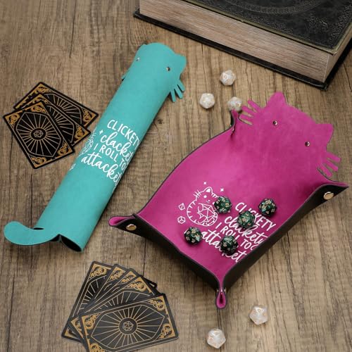 2Pcs Cat Dice Rolling Tray Novelty Folding Leather Dice Holder Portable Storage Accessories Decorative Desk Organizer Funny Gift for DND Game Players (2 Count)