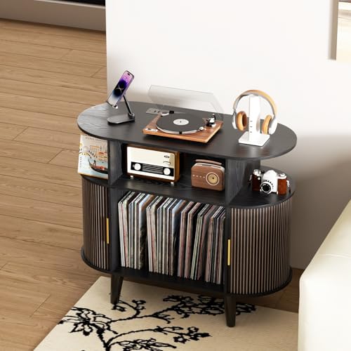 Large Round Record Player Stand with Charging Station & USB Ports
