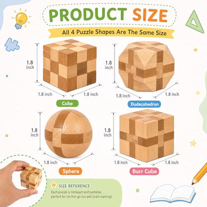 4 Pack Wooden Puzzle Brain Teasers Toy for Kids 3D Puzzles for Teens (4 Count)