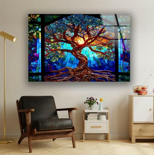 12Wx10H'' Stained Blue Life of Tree Glass Wall ArtTempered Glass Printing Wall Decor Large Wall Art Wall Hangings