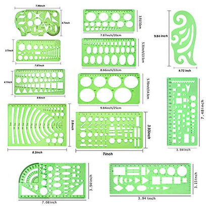 11 Pieces Geometric Drawings Templates Stencils Plastic Measuring Template Rulers Clear Green Shape Template for Drawing Engineering Drafting Building School Office Supplies (11 Count)