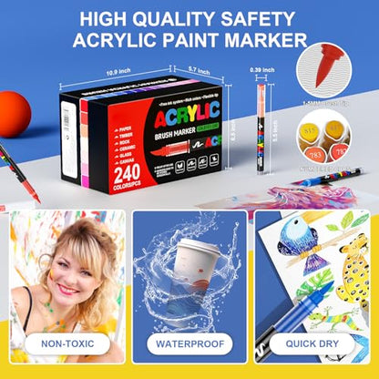 Acrylic Paint Markers for Coloring 240 Colors with 30% More Ink (240 Count)