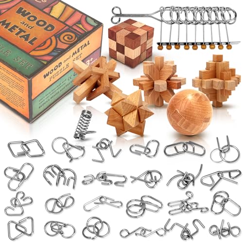 Brain Teaser Wooden Metal Puzzles (32 Count)