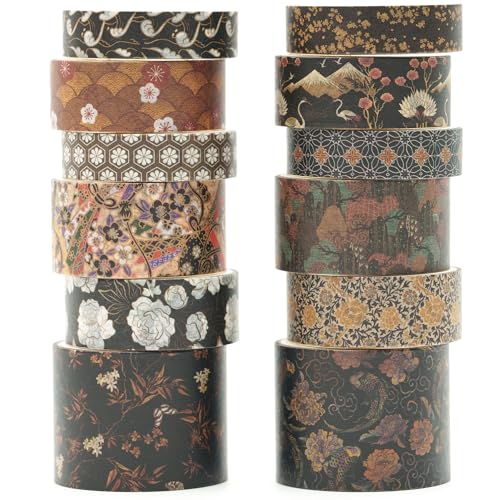 12 Rolls Kyoto Charm Washi Tape Set Japanese Arts Adhesive Tapes Geometric Garden Decorative Masking Tape Sets for Craft (12 Count)
