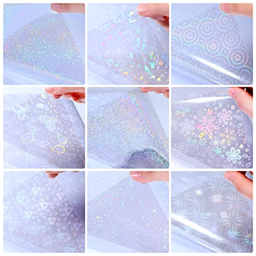 90 Sheets Holographic Sticker Paper Transparent A4 Vinyl Holographic Sticker Laminate Sheets Clear Overlay Lamination Film Paper Self Adhesive Waterproof with Gem Spot Rainbow Star Pattern (90 Count)