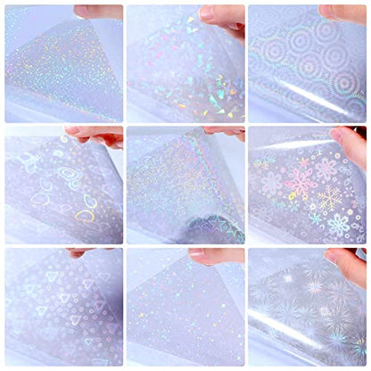 90 Sheets Holographic Sticker Paper Transparent A4 Vinyl Holographic Sticker Laminate Sheets Clear Overlay Lamination Film Paper Self Adhesive Waterproof with Gem Spot Rainbow Star Pattern (90 Count)