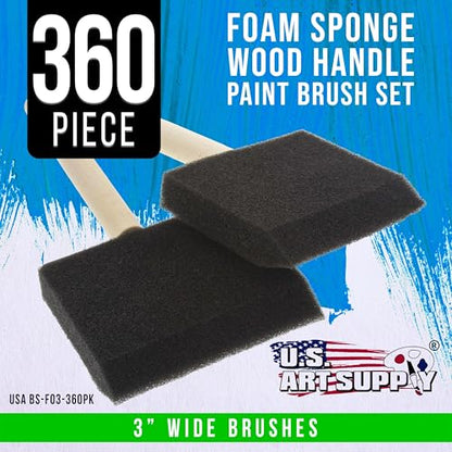 US Art Supply 3 inch Foam Sponge Wood Handle Paint Brush Set