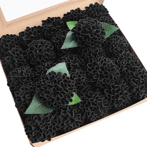 Artificial Dahlia Flowers 25pcs Real Looking Black Foam Fake Roses with Stems for DIY Wedding Bouquets Bridal Shower Centerpieces Floral Arrangements Party Tables Home Decoration (25 Count)