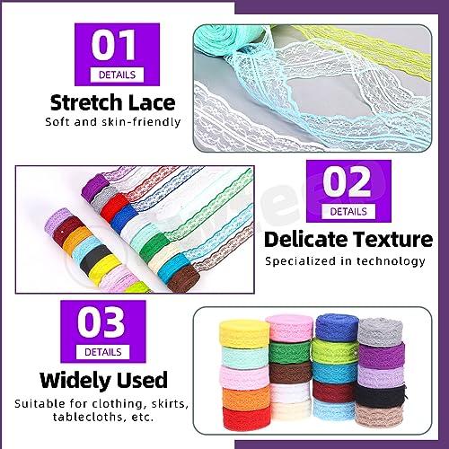 20 Rolls of 2.2cm x 10 Yards Colorful Lace Ribbon (600 Foot)