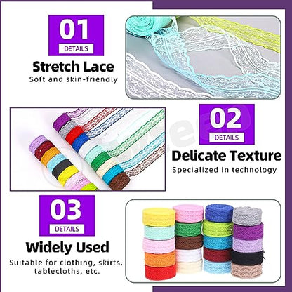 20 Rolls of 2.2cm x 10 Yards Colorful Lace Ribbon (600 Foot)