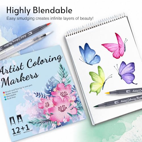 12 Colors Blendable Watercolor Markers for Adults 2026 Professional Double Tip Paint Pens with 1 Water Brush Pen Water Based Coloring Pens Drawing Markers Set with Flexible Brush Tip (12 Count)