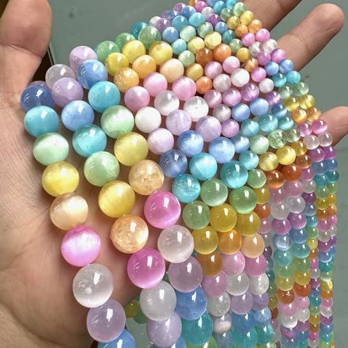 32PCS 12MM Natural Stone Colorful Selenite Gypsum Beads Round Loose Beads for Jewelry Making DIY Bracelet Necklace Accessories 15" Energy Healing Power Stone Beads