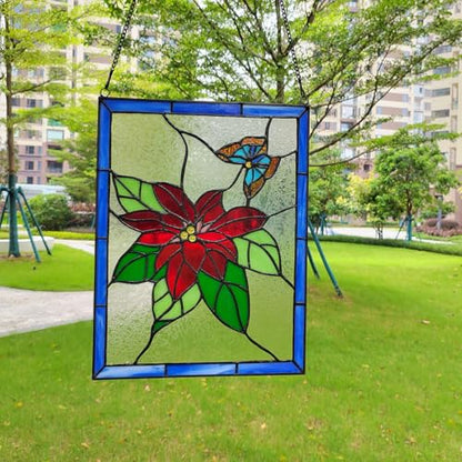 PA0020 Stained Glass Window Panel Tiffany Style Poinsettia Butterfly Suncatcher