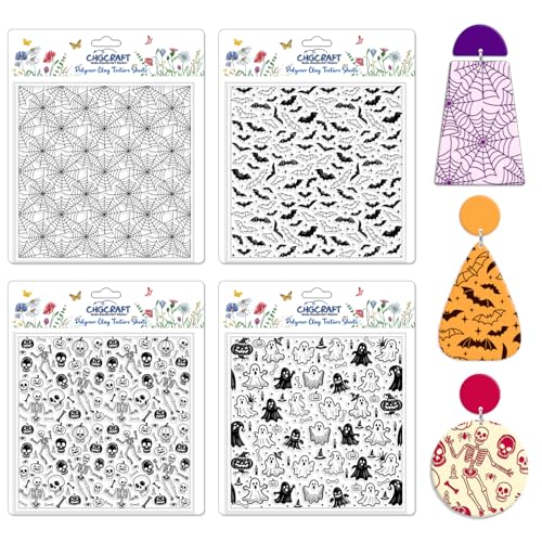 4 Pcs Polymer Clay Texture Sheets Ghosts Silicone Texture Stamp Skeletons Clay Texture Mat Modeling Pattern Pad Sheets for Jewelry and Earrings Tools