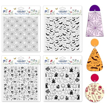 4 Pcs Polymer Clay Texture Sheets Ghosts Silicone Texture Stamp Skeletons Clay Texture Mat Modeling Pattern Pad Sheets for Jewelry and Earrings Tools