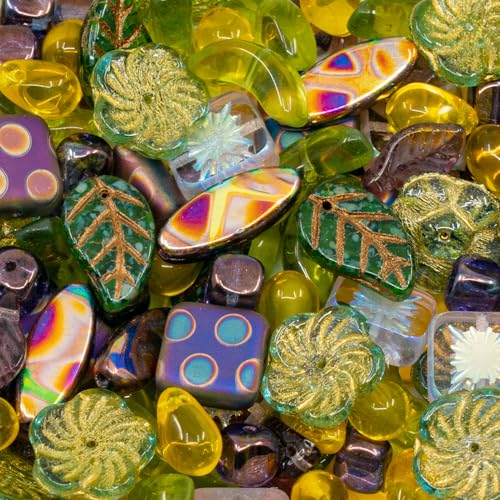 1.4oz (40g) Limited Mix of Czech Glass Beads, Hand Made Set Kit, Green Purple Yellow Drop