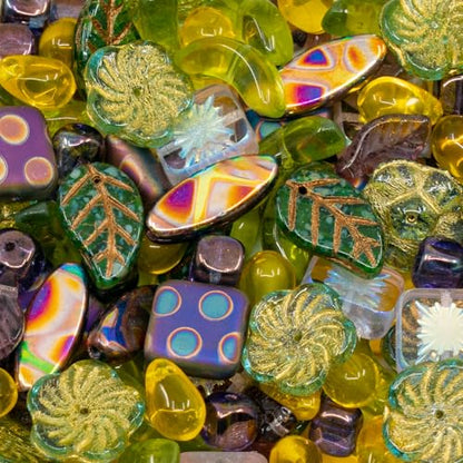 1.4oz (40g) Limited Mix of Czech Glass Beads, Hand Made Set Kit, Green Purple Yellow Drop