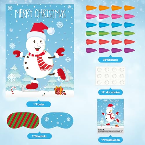 Pin The Snowman Nose Christmas Pin The Tail Party Games Activities for Kids 36 Stickers Christmas Party Decorations School Classroom Activities