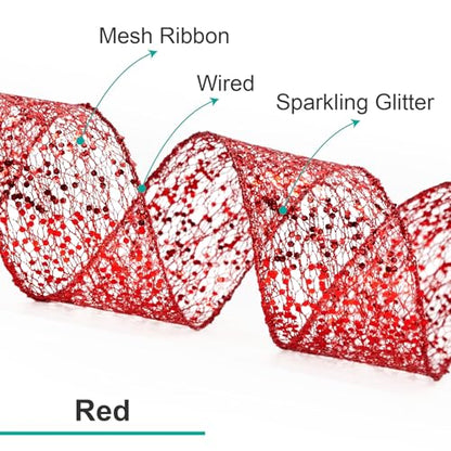 Sparkling Glitter Mesh Wired Ribbon 2.5" x 20 Yards Red for Christmas Home Decor Bow Gift Wrapping DIY Crafts Wreath (60 Foot)