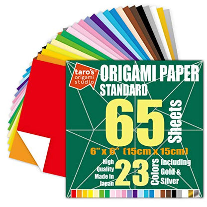 Taro's Origami Studio] Standard 6 Inch One Sided 23 Colors 65 Sheets Square Easy Fold Premium Japanese Paper for Beginner