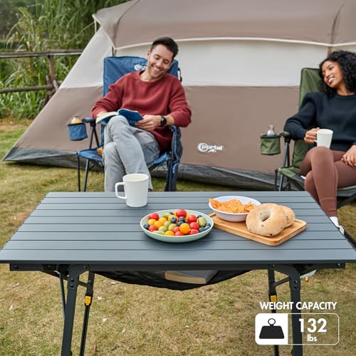 Outdoor Folding Portable Picnic Camping Table with Adjustable Height Aluminum Roll Up Table Top Mesh Layer