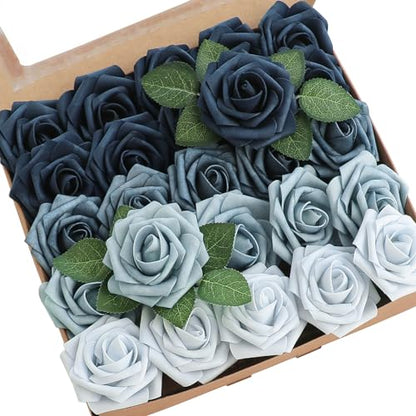 Artificial Flowers 25pcs Real Looking Dusty Blue Ombre Colors Foam Fake Roses with Stems for DIY Wedding Bouquets Bridal Shower Centerpieces Floral Arrangements Party Tables Home Decorations (25 Count)