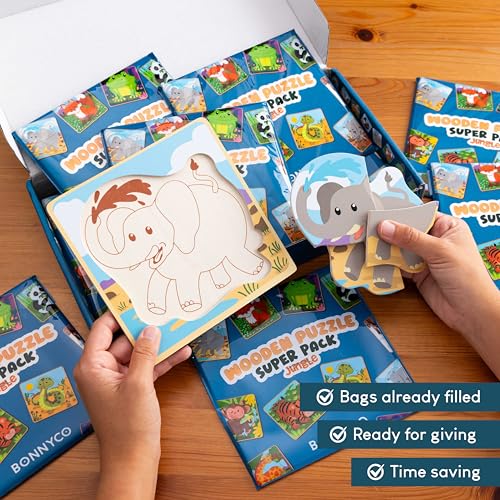 4 Pieces Wooden Puzzles Pack 16 Party Favors for Kids 1 to 5. Birthday Goodie Bags Stuffers (16 Count)