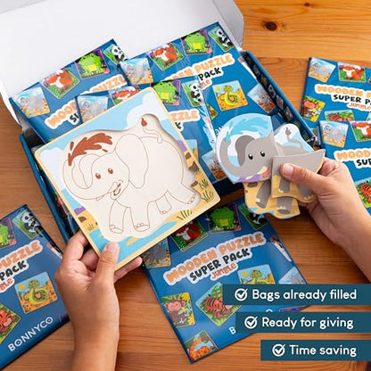 4 Pieces Wooden Puzzles Pack 16 Party Favors for Kids 1 to 5. Birthday Goodie Bags Stuffers (16 Count)