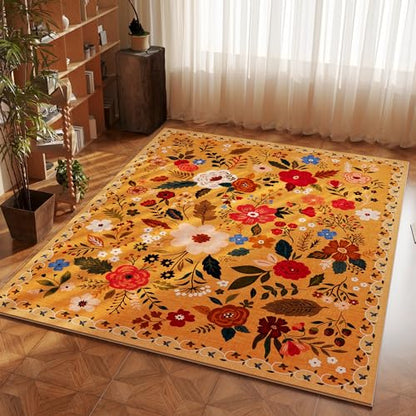 Area Rug 4x6 Rug Washable Boho Rugs Non Slip Low Pile Floral Small Carpet for Bedroom