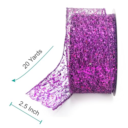 Sparkling Glitter Mesh Wired Ribbon 2.5" x 20 Yards Purple for Christmas Home Decor Bow Gift Wrapping DIY Crafts Wreath (60 Foot)