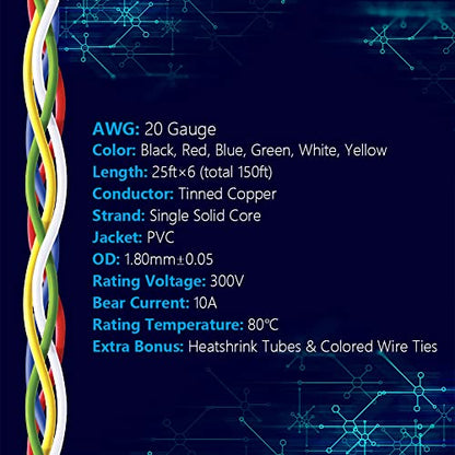 20 AWG Solid Core Wire Spool 25ft Each 6 Colors (6 Count)