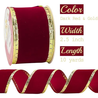 Burgundy Velvet Ribbon 2.5 Inch Dark Red Christmas Ribbon 10 Yards Maroon Velvet Wired Ribbons with Gold Greek Key Edge Burgundy Ribbons for Christmas Tree Decoration (30 Foot)