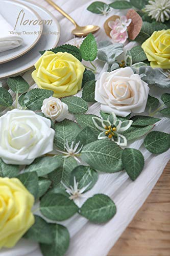 Artificial Flowers 25pcs Real Looking Cream Foam Fake Roses with Stems for DIY Wedding Bouquets Bridal Shower Centerpieces Floral Arrangements Party Tables Home Decorations (25 Count)