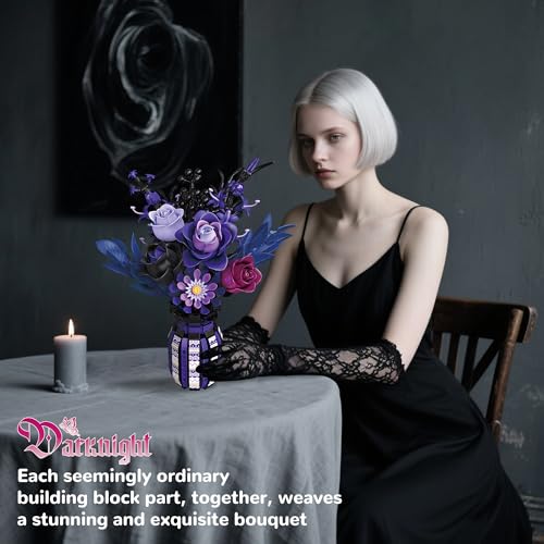 Flowers Bouquet Building Set Roses Purple Botanical Collection Gothic Gifts for Mothers Day for Women Adults Girls 14+ Home Office Decor