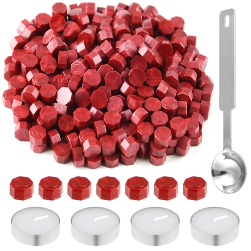 500 Pcs Dark Gold Octagon Wax Seal Beads Kit with 4 Pcs Tea Candles 1 Pc Melting Spoon for DIY Crafts Letters Wedding Wine Bottle Sealing (500 Count)