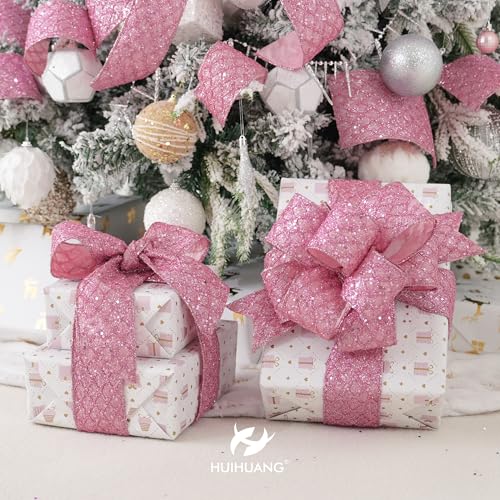 Pink Glitter Diamond Wired Christmas Ribbon 2.5 inch x 10 Yards (30 Foot)