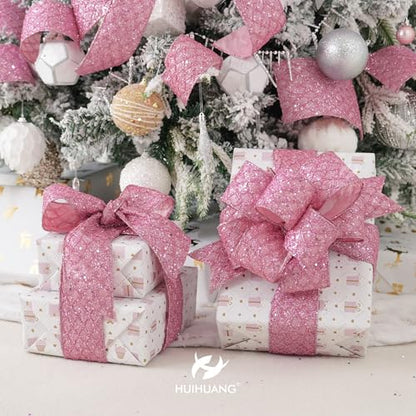 Pink Glitter Diamond Wired Christmas Ribbon 2.5 inch x 10 Yards (30 Foot)