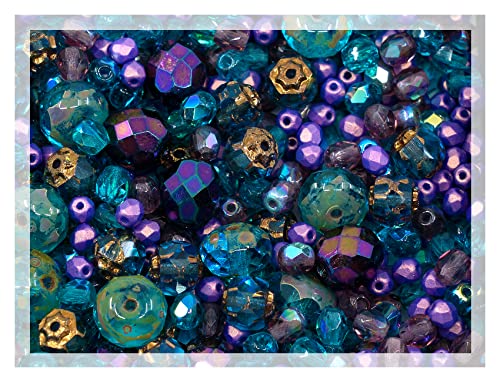 0.88oz of Blue Purple Mix of Czech Faceted Fire Polished Beads