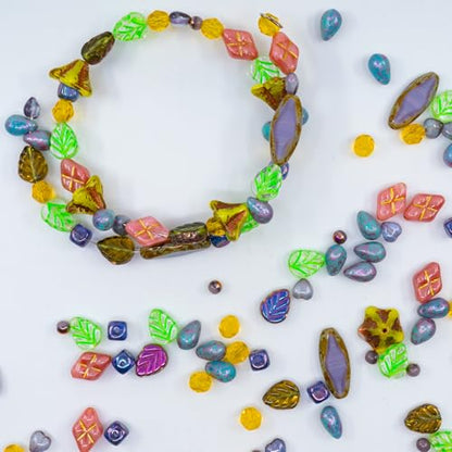1.4oz (40g) Limited Mix of Czech Glass Beads, Hand Made Set Kit, Purple Spindl Yellow Petunia Glass Beads Mix 001