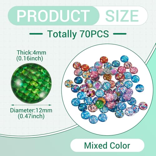 70Pcs 12mm Fish Scale Printed Glass Cabochons Mixed Colors Half Round Cameo Dome Tile Cabochon Mosaic Flatback Dome Glass Cabochon for DIY Bracelets Necklace Scrapbooking DIY Crafts